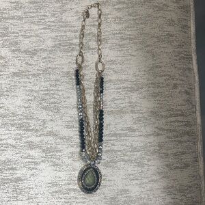 Multi-Strand Silver and Black Pendant Necklace with Green Stone
